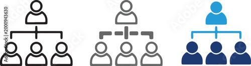 Hierarchical organizational chart icon set with leader and team members, hand-drawn vector illustration for business management, corporate structure, and teamwork concept on transparent background.