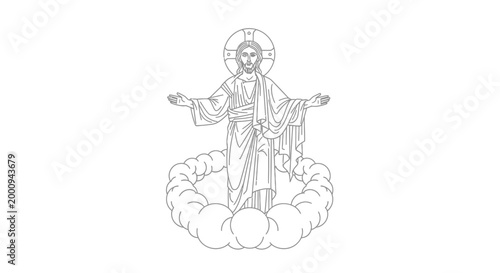 Jesus Christ standing on clouds with arms outstretched.