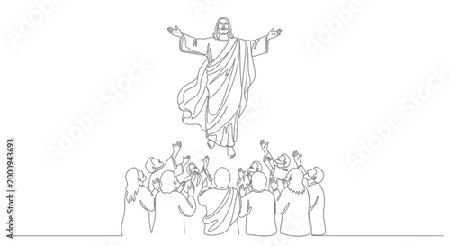 Jesus Christ standing above people crowd.