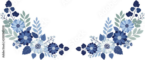 Blue floral border design with leaves and flowers on white background