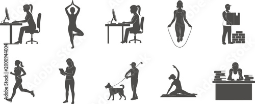 Diverse silhouettes of people engaging in various activities and poses