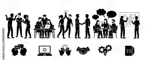 Business Team Interaction Icons Set, Office People Collaborating and Working Together, Professional Communication and Corporate Dynamics, Flat Black Silhouette Illustration for Workflow Management Con