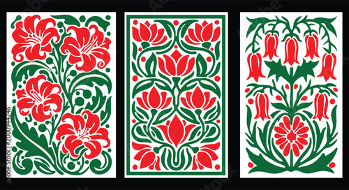 Art nouveau floral pattern with red lilies and green leaves on white background.