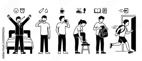 Daily Routine Morning Steps Infographic, Person Preparing for School or Work Day, Linear Vector Illustration Sequence of Waking Up, Brushing Teeth, Drinking Coffee, Tying Shoes, Packing Bag, and Leavi