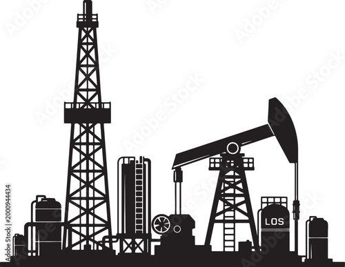Silhouette of oil drilling rig and pumpjack against a white background, also transparent background