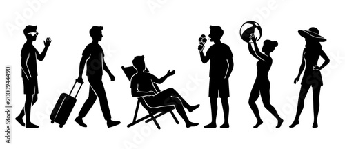 Summer vacation people silhouettes set with travel tourist, beach lounger, ice cream and ball activity. Happy holiday lifestyle icon collection featuring various activities in black vector graphic des