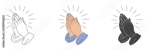 Pray icon set featuring hands in prayer, religion and spiritual respect symbols, devotion and faith concept, worship and gratitude icons, modern flat and outline vector design for apps, religious 
