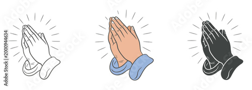 Prayer hands icon set, spiritual and religious respect symbols, devotion and faith gesture icons, clean vector illustration for mobile apps, churches, meditation, and wellness or belief-based platform