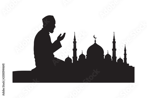 Islamic silhouette of man praying in front of mosque dome and minarets representing ramadan kareem eid mubarak spiritual devotion faith and religious prayer time in traditional middle eastern style.