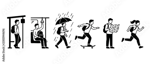 People Traveling Icons Set: Commuting, Walking, Running, and City Lifestyle Activities for Urban Transportation and Daily Routine Concepts in Minimalist Black and White Vector Line Art Illustration St