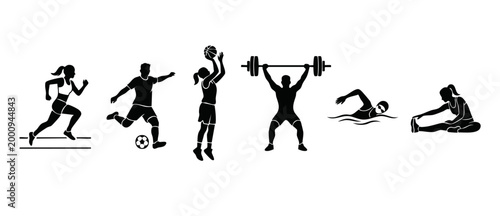 Sports silhouettes set featuring running, soccer, basketball, weightlifting, swimming and stretching exercises. Collection of active people engaged in diverse fitness activities for healthy lifestyle