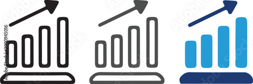 Vector set of financial growth bar charts with upward arrow in three styles, success progress business graph icon for data analysis and investment.