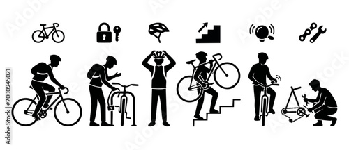 Bicycle rider icons set, cycling action silhouettes with safety gear, maintenance tools and security lock symbols for web interface, transportation infographic and urban commuting lifestyle design.
