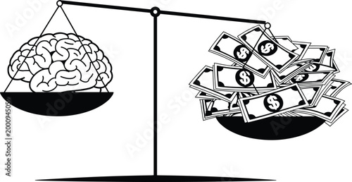 Balance scale comparing human brain intelligence versus monetary wealth