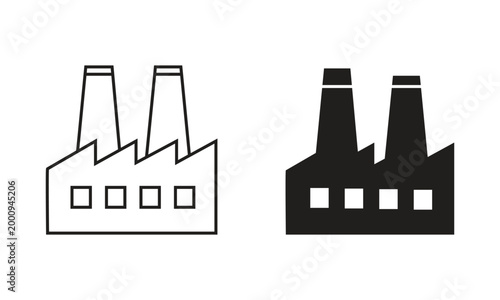 Industrial Factory Building Icon Set with Outline and Silhouette Styles for Manufacturing Business Design