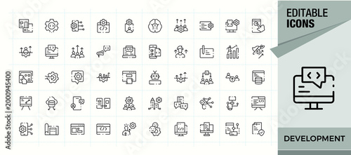 Development line icon set. Set of line pictogram. Pack of innovation, strategy, process, expansion. Vector collections. Management icon set.