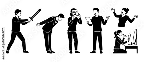Theater Actors Performance Set, Acting Scenes with Mask, Sword, and Script, Professional Drama Production and Rehearsal Icons, Black and White Flat Illustration Design for Play and Movie Concept Art.