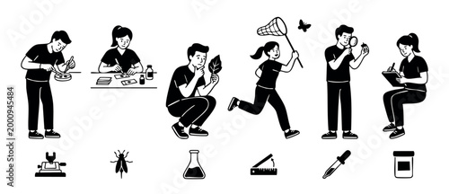 Scientists conducting field research and laboratory experiment icons set, featuring researchers with magnifying glass, butterfly net, and microscope tools for biology study and nature scientific explo