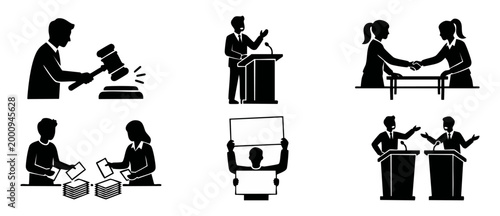 Government and Politics Icons Set, Legislative and Legal Procedures, Business and Democracy Concepts with Silhouette Symbols of Voting, Debate, Protesting, and Judicial Verdicts for Professional Desig