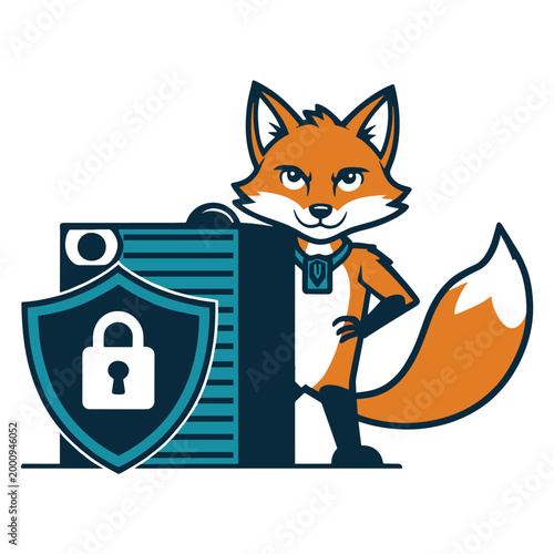Fox Mascot with Security Shield and Server Cyber Security and Data Protection Vector Illustration