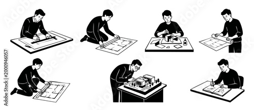 Architect drawing blueprints construction design set, engineer working on building model and floor plans, minimalist black and white line art vector illustration representing professional urban planni