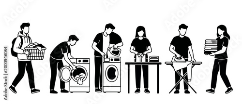People Doing Laundry Set, Washing Machine and Ironing Clothes Icons, Linear Housework Routine Illustration, Daily Chores Concept, Characters Cleaning and Folding Apparel Isolated on White Background
