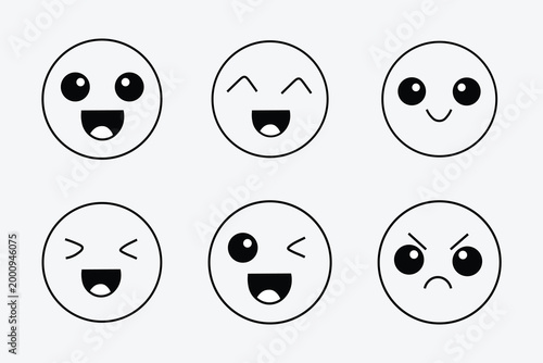 Kawaii emoji face icons set, cute cartoon emoticon characters with happy and angry expressions, 6 vector line art smileys for social media