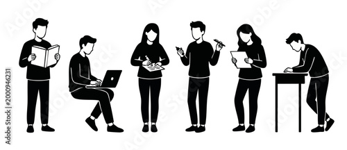 Students studying set, group of people reading books, writing notes and using laptop, minimal flat black and white illustration isolated on white background, academic activity and learning concept.