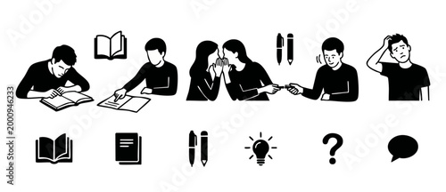 Students studying and learning icons set, reading books, whispering secrets and confused character, vector black and white line art collection for education, academic research, and classroom activitie