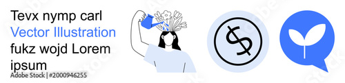 Environmental awareness, financial growth, nature care, eco-friendly communication, personal growth, sustainability. Woman watering plants on head, dollar sign leaf in speech bubble. Environmental