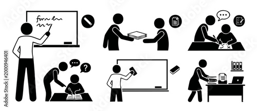 Teacher and Student Classroom Activities Icon Set, Education and Learning Procedures, School Blackboard Lessons and Office Administration Tasks, Vector Illustration of Academic Interaction and Study W