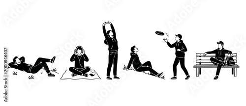 People relaxing in park set, diverse activities outdoor, flat vector illustration. Young men and women resting, stretching, listening to music, playing frisbee and sitting on bench in casual style.