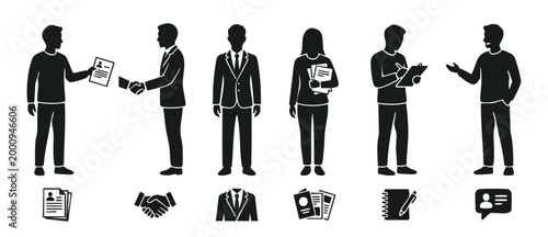 Business People Silhouette Set, Job Interview and Hiring Process Icons, Corporate Recruiting Vector Collection with Handshake, Resume, Professional Meeting, Recruitment Workflow and Office Team Member