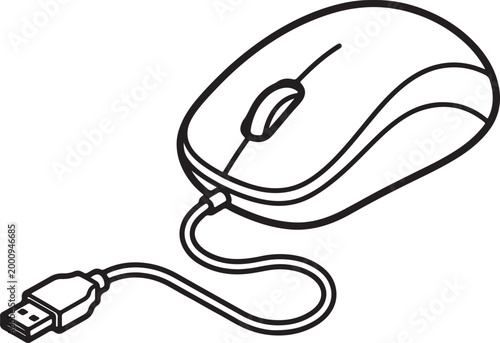Black and white line of a usb computer mouse with wired connection also transparent background, line technology