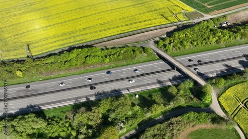 Idstein, Germany - April 23, 2026: Aerial view of dense traffic on German highway A3 between Bad Camberg and Idstein.