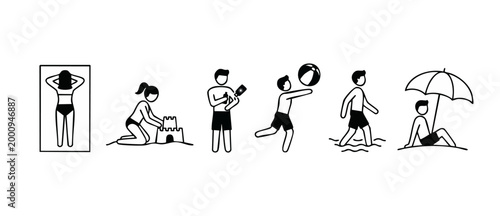 Summer Beach Activities Icon Set, People Enjoying Vacation Outdoors, Minimalist Black Outline Figures, Swimming, Sunbathing, Playing with Ball, Building Sandcastle and Resting Under Parasol, Vector Gr