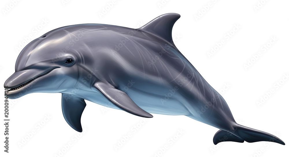 Obraz premium A digital of a grey bottlenose dolphin swimming, showing smooth skin, dorsal fin, and flippers, isolated on transparent background