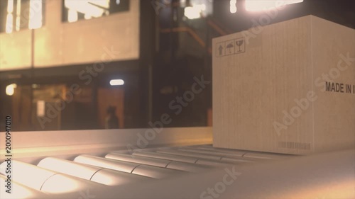 Cardboard Package Marked Made In India On Factory Conveyor