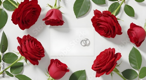Red roses and a diamond ring on a white surface