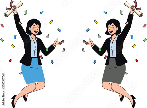 Two happy businesswomen jumping and celebrating success with diplomas and colorful confetti professional achievement vector illustration