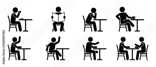 People sitting at table icon set, coffee shop cafe activity stick figures collection, human behavior silhouettes for restaurant menu and signage design, professional infographic elements isolated on w