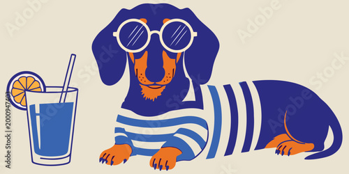 Cute dachshund dog wearing sunglasses and a striped shirt with a glass of lemonade