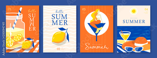 Set of summer Italian posters or covers with lemonade, lemons, mermaid, cocktail, sunglasses  and beach landscape. Vector illustration