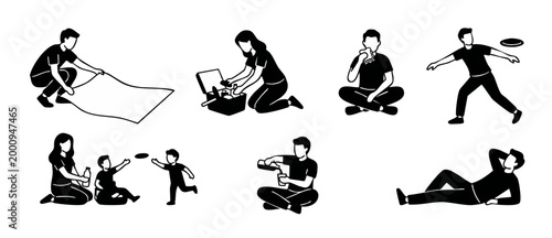 People Having Picnic Silhouette Set - Recreational Outdoor Activities, Family Leisure Time, Relaxing Weekend Lifestyle, Summer Park Interaction, Vector Illustration Icons for Social Media and Web Desi