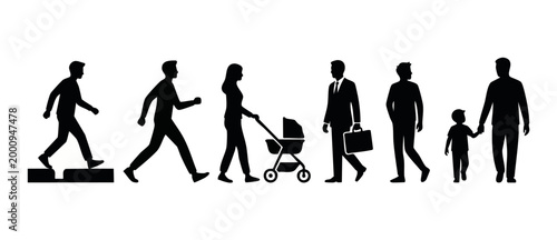 People silhouette group walking characters, diverse life stages from childhood to adulthood and business, isolated black icons set for design collection representing human progression and lifestyle fl