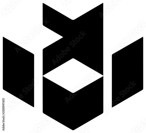 Solid black filled icon of asset building blocks 3d cubes geometric shapes abstract design elements on white background for business finance technology concepts