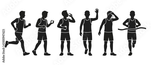 Runner man silhouette set, sports athlete training stages, marathon jogging and finish line poses. Healthy fitness lifestyle vector illustration collection showing different workout phases and activit