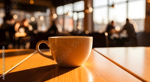Warm coffee cup on a wooden table in a cafe setting