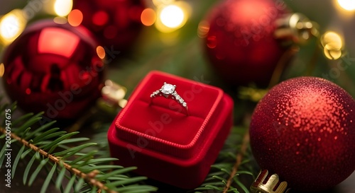 A sparkling proposal diamond ring in a velvet box amidst christmas ornaments