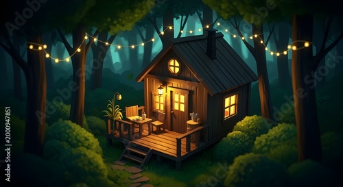 Enchanting forest cottage a cozy retreat illuminated by magical fairy lights